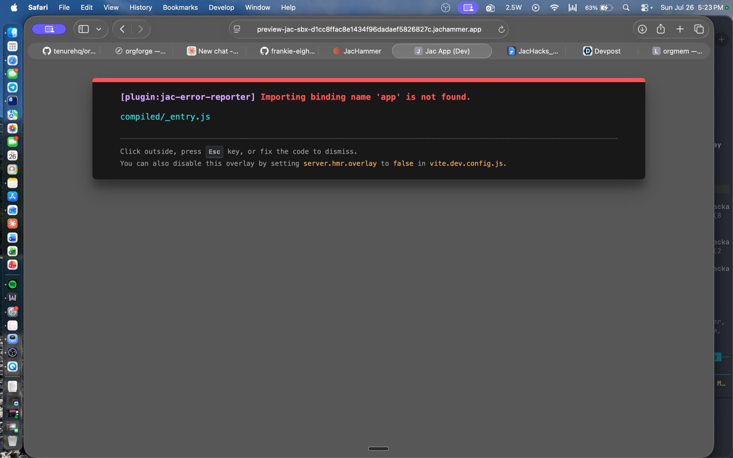 A JacHammer preview URL showing a jac-error-reporter overlay reading: Importing binding name 'app' is not found