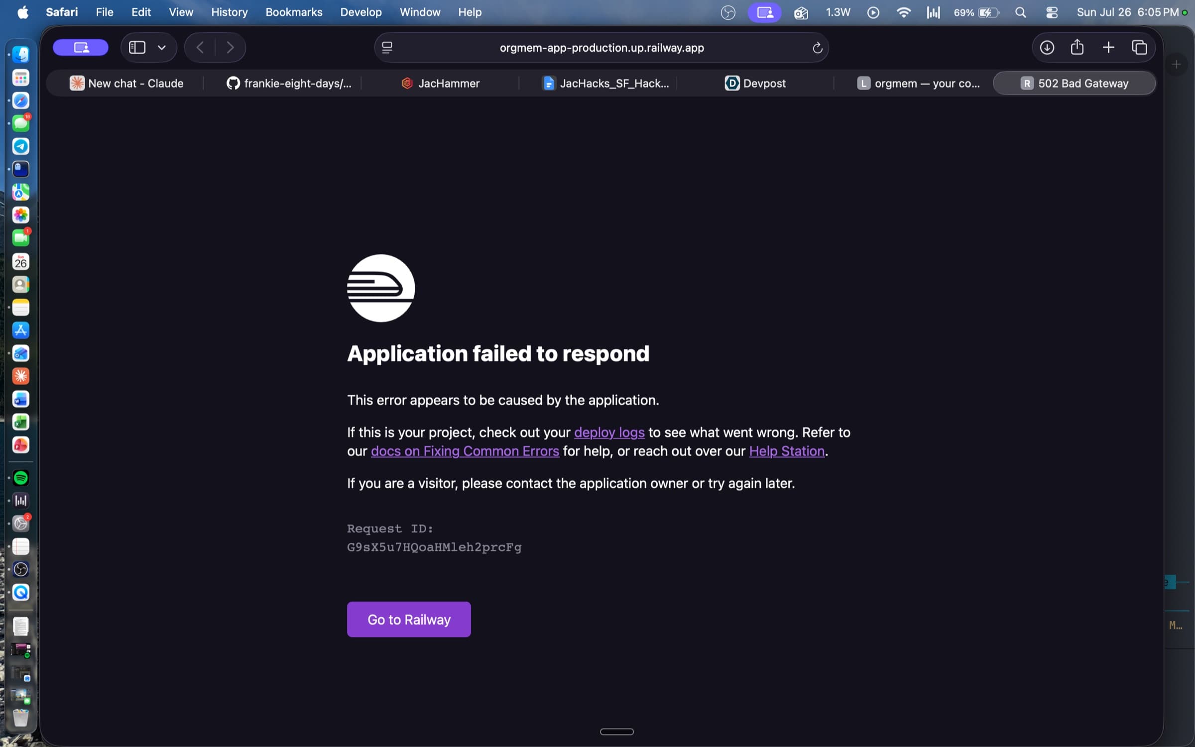 A Railway error page reading Application failed to respond for the orgmem production deployment
