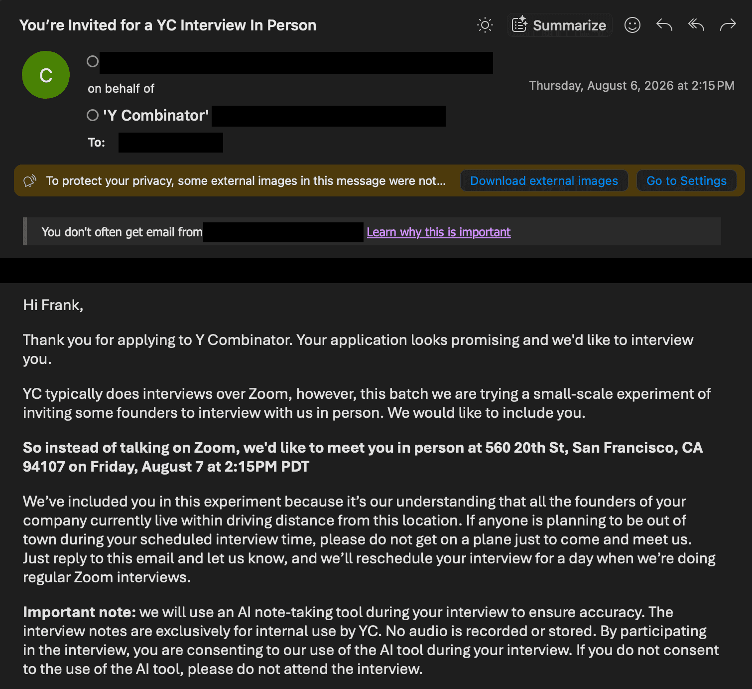 YC email inviting an in-person interview at 560 20th St, San Francisco, one day later